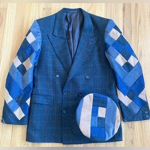 Vintage 80s Men's PATCHWORK Blazer Set *Size 48* HAUSSMANN Blue Quilted Jacket